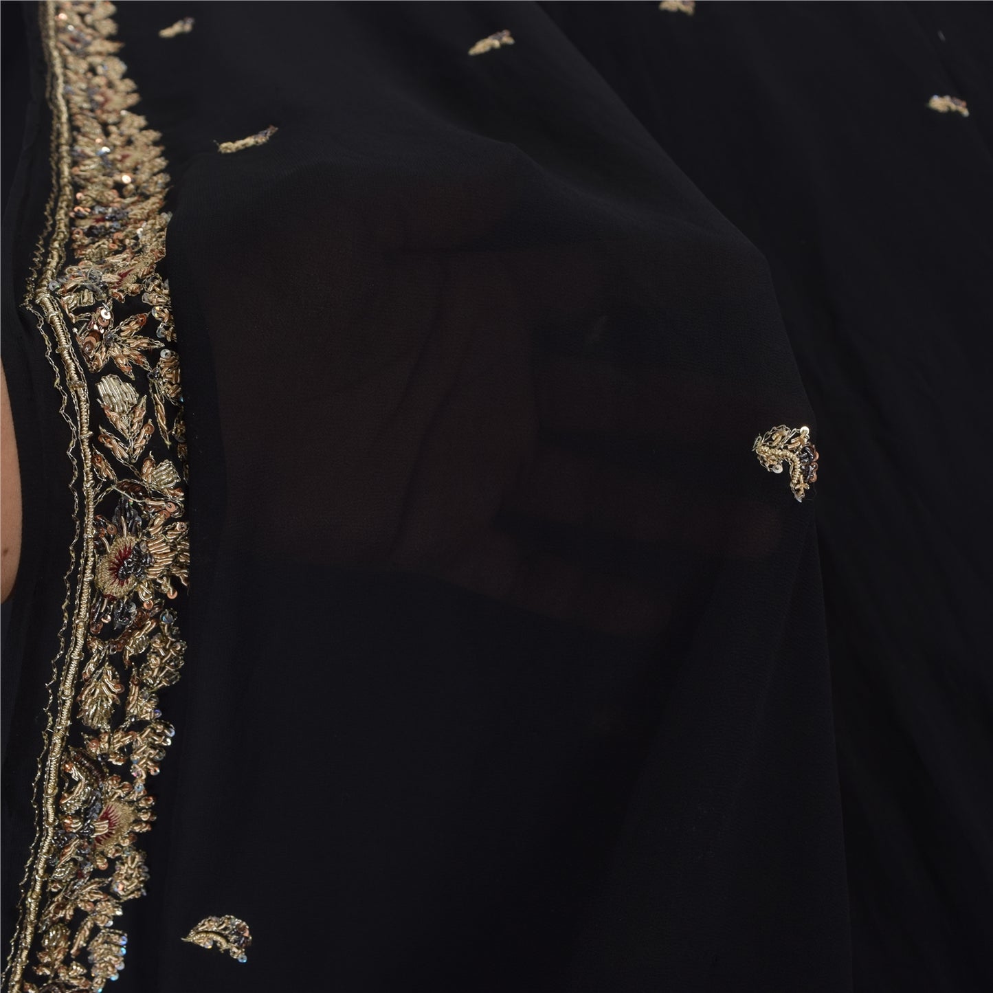 Sanskriti Vintage Black Sarees Georgette Hand Beaded Ethnic Sari 5ydCraft Fabric