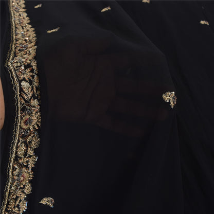 Sanskriti Vintage Black Sarees Georgette Hand Beaded Ethnic Sari 5ydCraft Fabric