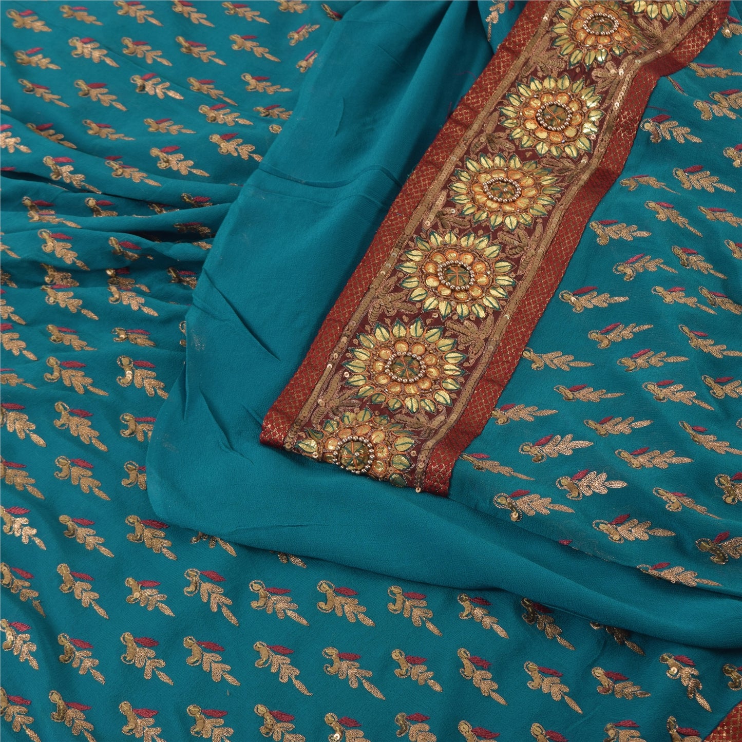 Sanskriti Vintage Blue Sarees Pure Georgette Hand Beaded Zari Sari 5yd Fabric