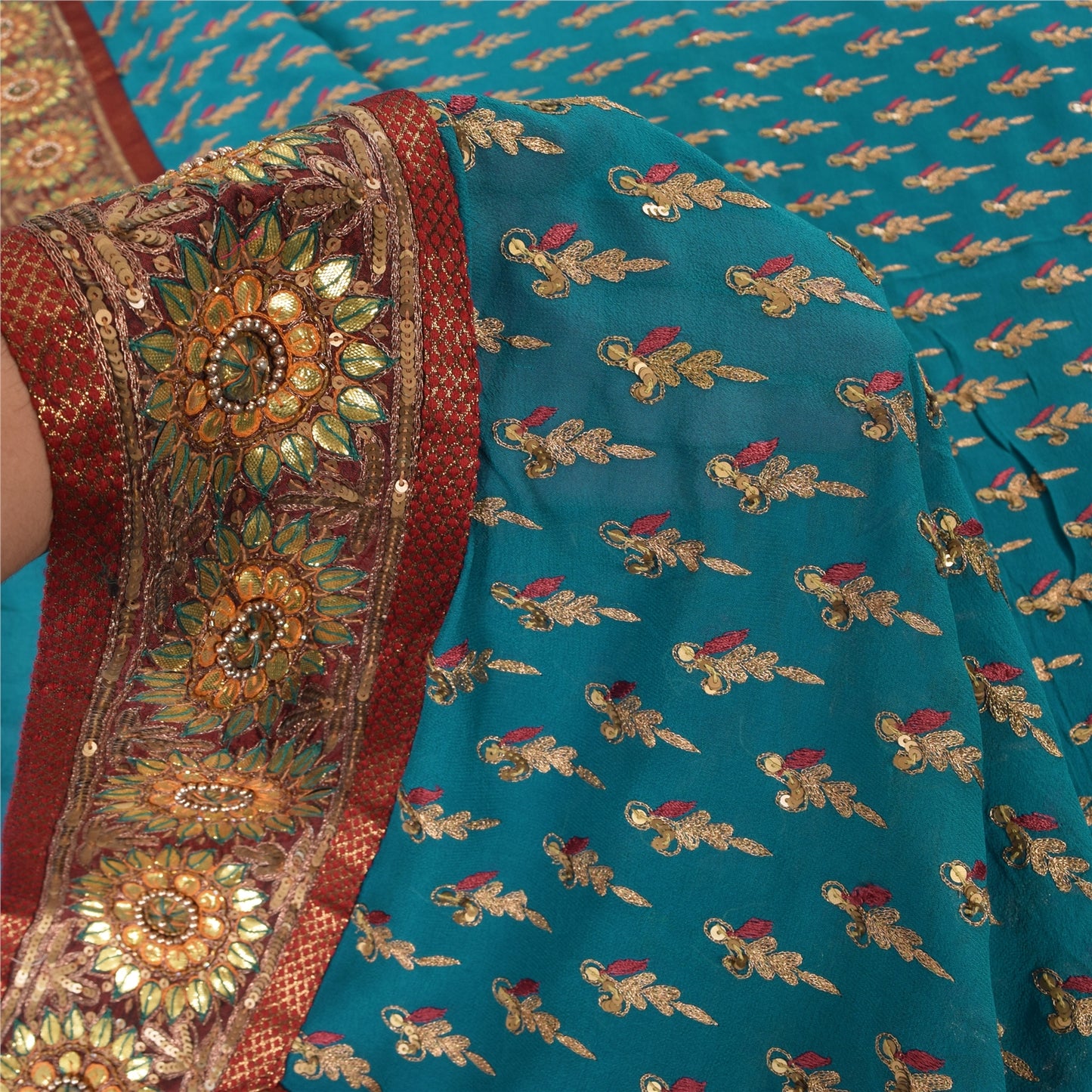 Sanskriti Vintage Blue Sarees Pure Georgette Hand Beaded Zari Sari 5yd Fabric