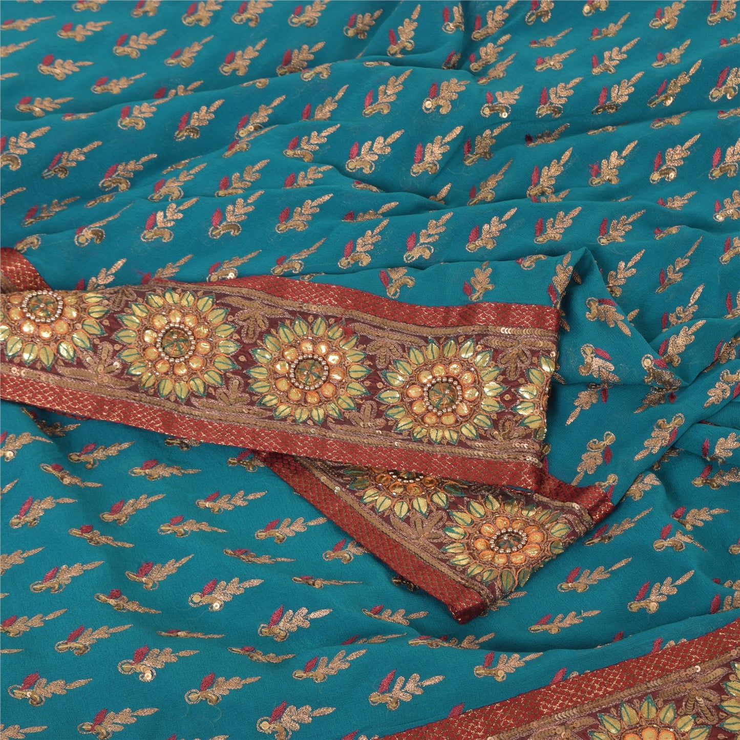 Sanskriti Vintage Blue Sarees Pure Georgette Hand Beaded Zari Sari 5yd Fabric