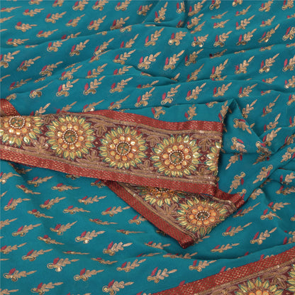 Sanskriti Vintage Blue Sarees Pure Georgette Hand Beaded Zari Sari 5yd Fabric