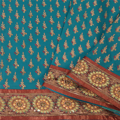 Sanskriti Vintage Blue Sarees Pure Georgette Hand Beaded Zari Sari 5yd Fabric