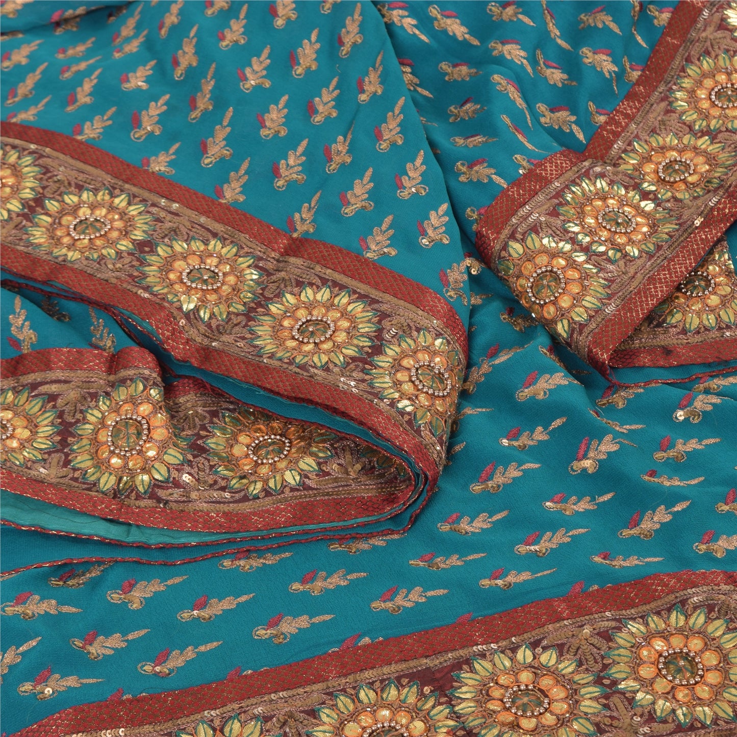 Sanskriti Vintage Blue Sarees Pure Georgette Hand Beaded Zari Sari 5yd Fabric