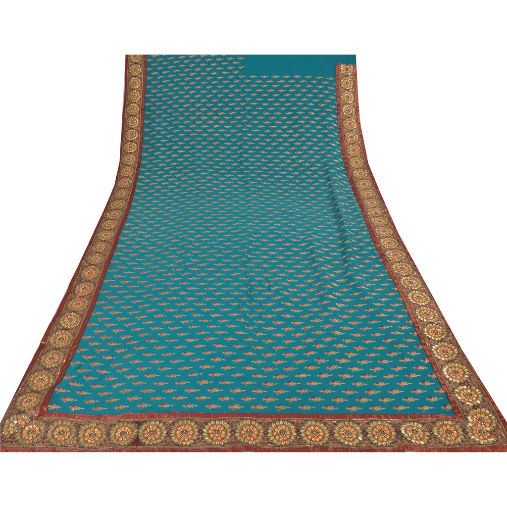 Sanskriti Vintage Blue Sarees Pure Georgette Hand Beaded Zari Sari 5yd Fabric