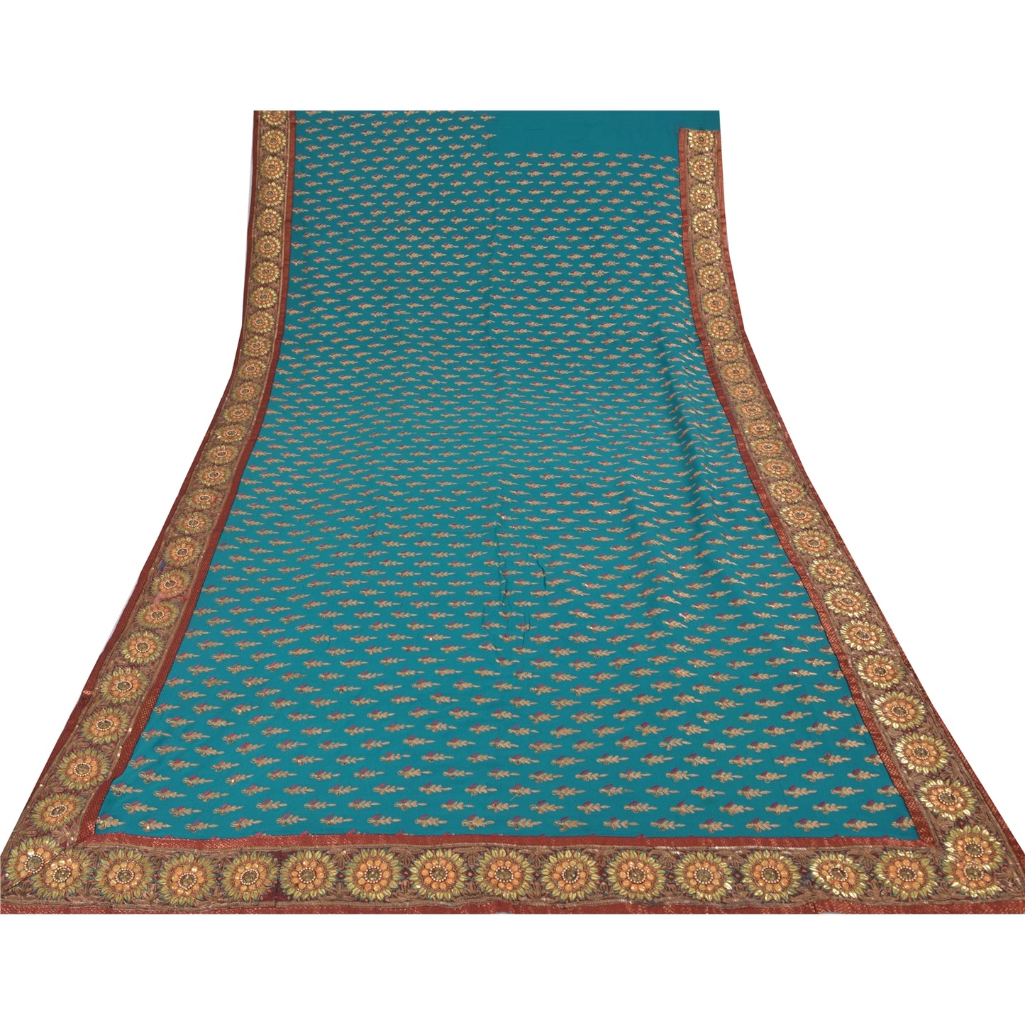 Sanskriti Vintage Blue Sarees Pure Georgette Hand Beaded Zari Sari 5yd Fabric
