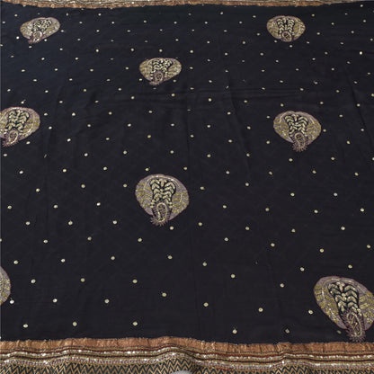 Sanskriti Vintage Black Sarees Pure Georgette Hand Bead Sequins Sari 6 YD Fabric