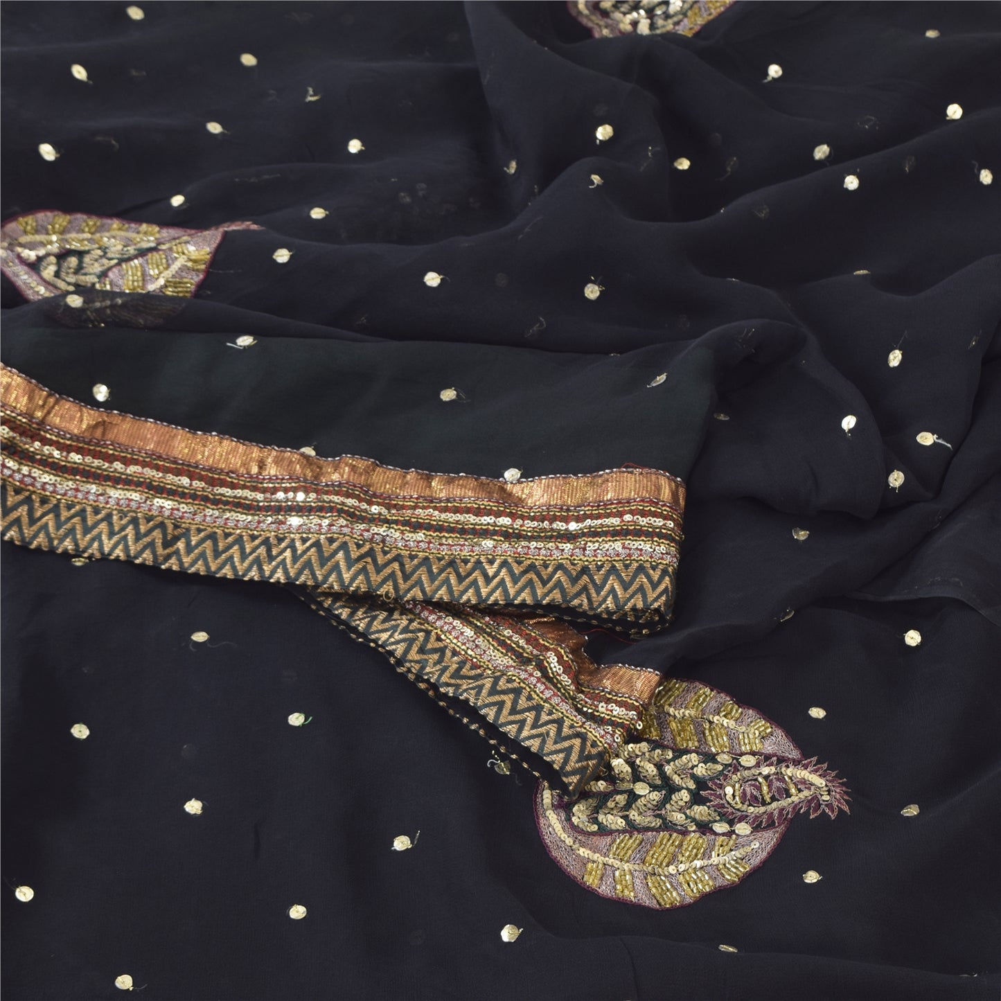 Sanskriti Vintage Black Sarees Pure Georgette Hand Bead Sequins Sari 6 YD Fabric