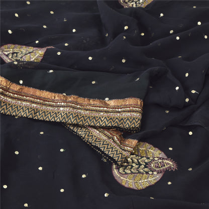 Sanskriti Vintage Black Sarees Pure Georgette Hand Bead Sequins Sari 6 YD Fabric