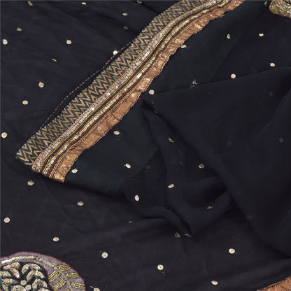 Sanskriti Vintage Black Sarees Pure Georgette Hand Bead Sequins Sari 6 YD Fabric