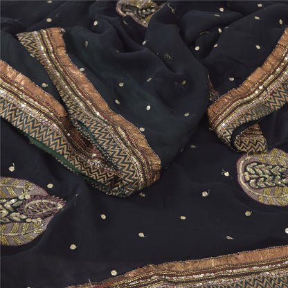Sanskriti Vintage Black Sarees Pure Georgette Hand Bead Sequins Sari 6 YD Fabric