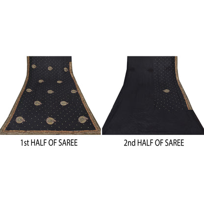 Sanskriti Vintage Black Sarees Pure Georgette Hand Bead Sequins Sari 6 YD Fabric