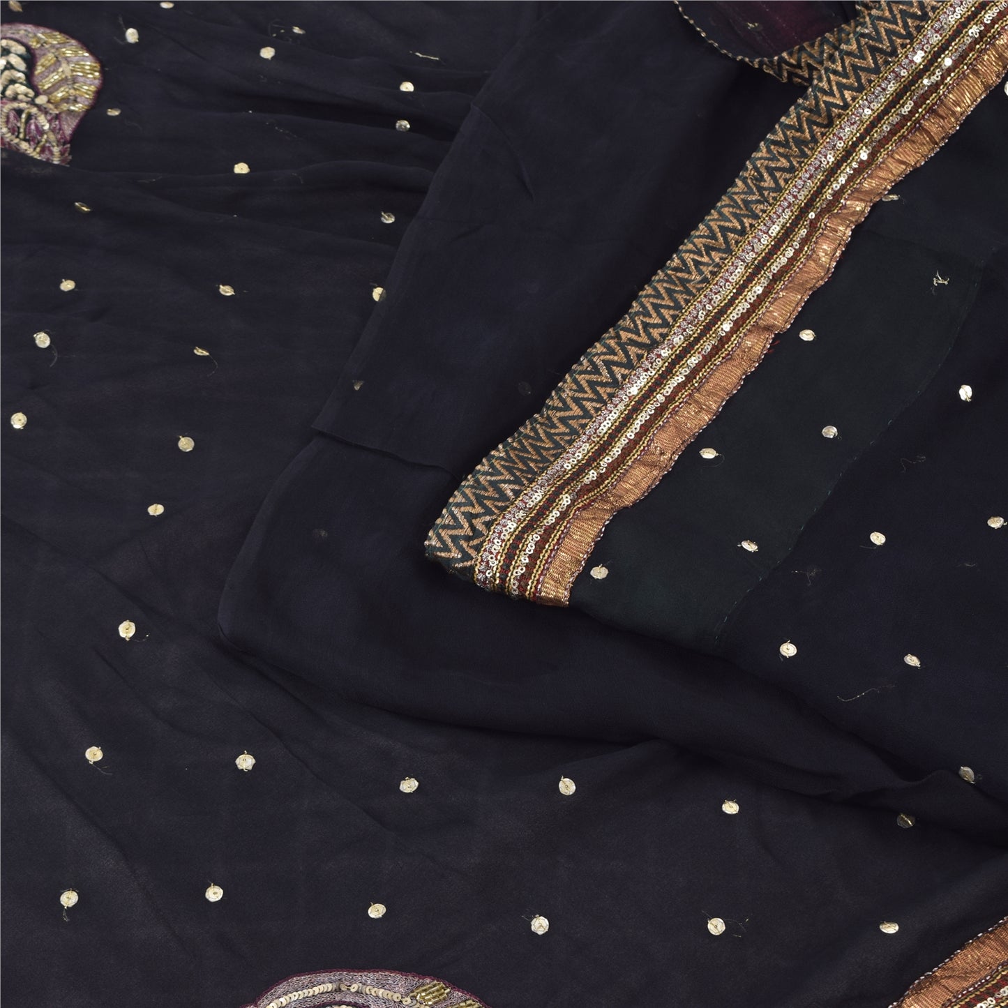 Sanskriti Vintage Black Sarees Pure Georgette Hand Bead Sequins Sari 6 YD Fabric
