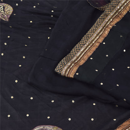 Sanskriti Vintage Black Sarees Pure Georgette Hand Bead Sequins Sari 6 YD Fabric