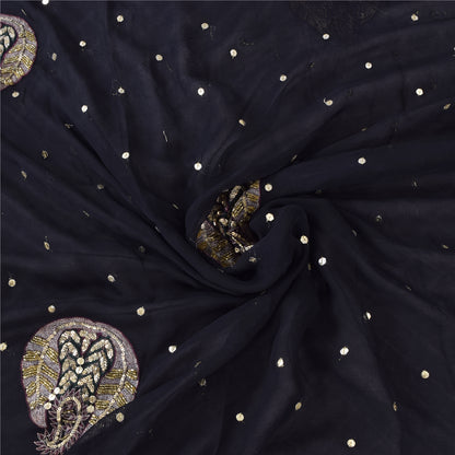 Sanskriti Vintage Black Sarees Pure Georgette Hand Bead Sequins Sari 6 YD Fabric