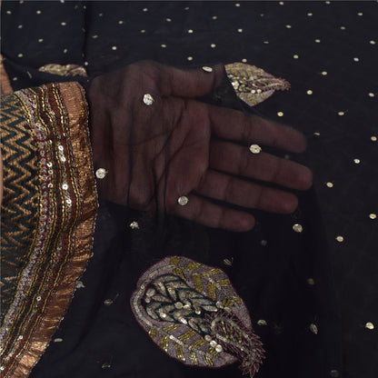 Sanskriti Vintage Black Sarees Pure Georgette Hand Bead Sequins Sari 6 YD Fabric