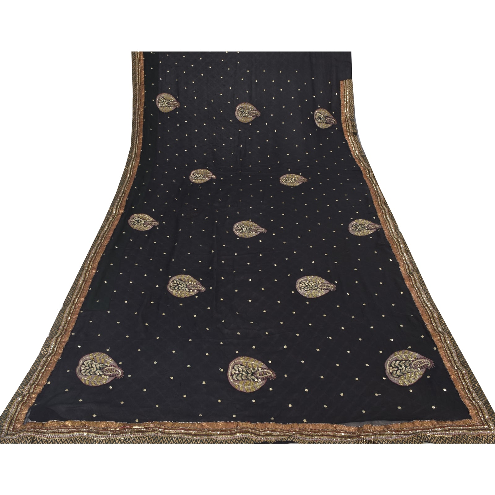 Sanskriti Vintage Black Sarees Pure Georgette Hand Bead Sequins Sari 6 YD Fabric