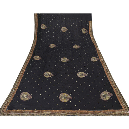 Sanskriti Vintage Black Sarees Pure Georgette Hand Bead Sequins Sari 6 YD Fabric