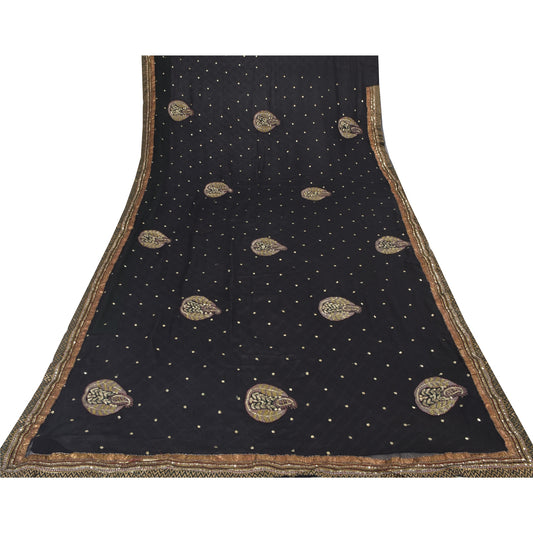 Sanskriti Vintage Black Sarees Pure Georgette Hand Bead Sequins Sari 6 YD Fabric