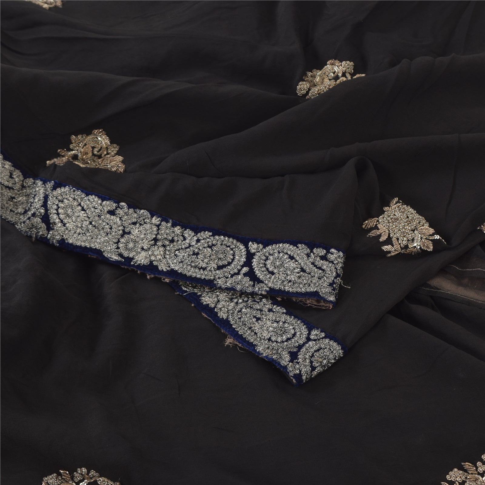 Sanskriti Vintage Hand Beaded Black Saree Net Saree Fabric: Vintage Indian Zari Zardozi Sequins 5.9yd  Design- Dresses, Kaftans, Skirts, Blouses