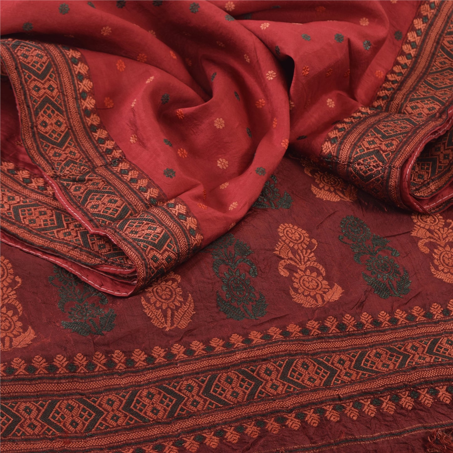 Sanskriti Vintage Dark Red Sarees Pure Silk Woven Premium Sari 5yd Craft Sustainable Fabric