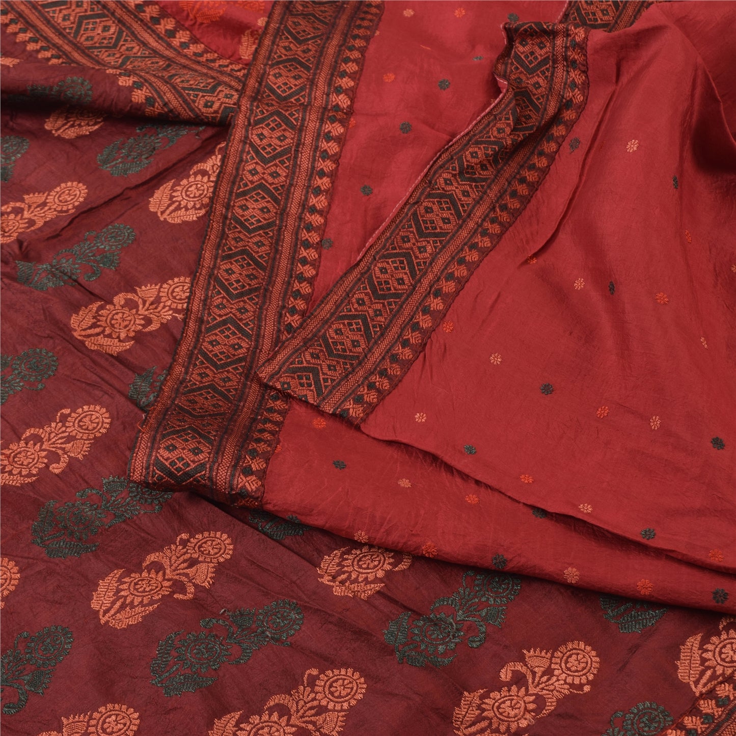 Sanskriti Vintage Dark Red Sarees Pure Silk Woven Premium Sari 5yd Craft Sustainable Fabric