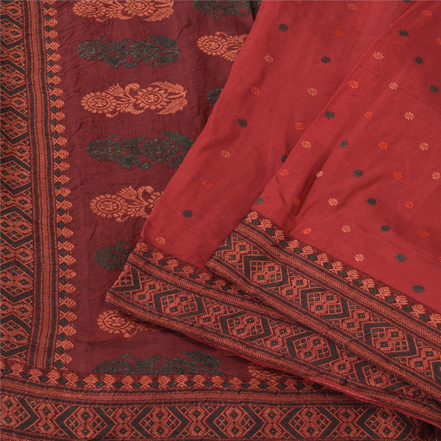 Sanskriti Vintage Dark Red Sarees Pure Silk Woven Premium Sari 5yd Craft Sustainable Fabric