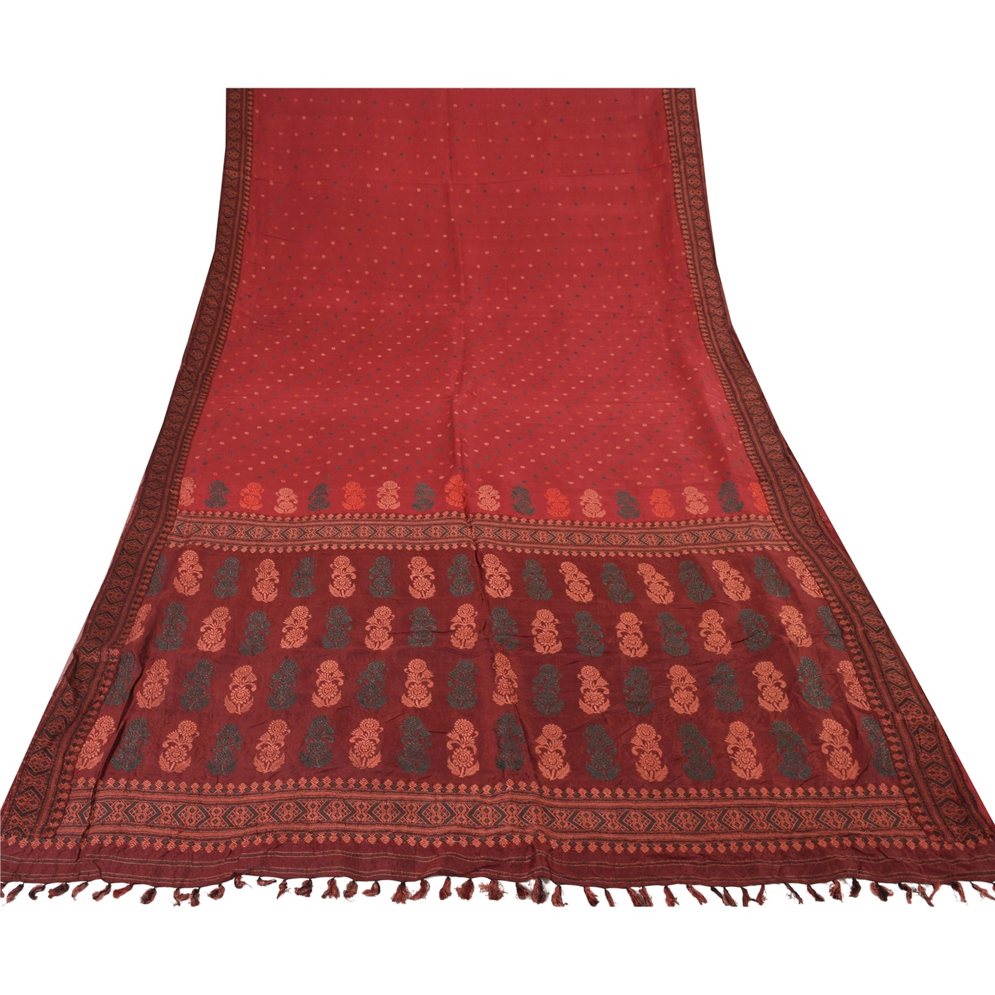 Sanskriti Vintage Dark Red Sarees Pure Silk Woven Premium Sari 5yd Craft Sustainable Fabric