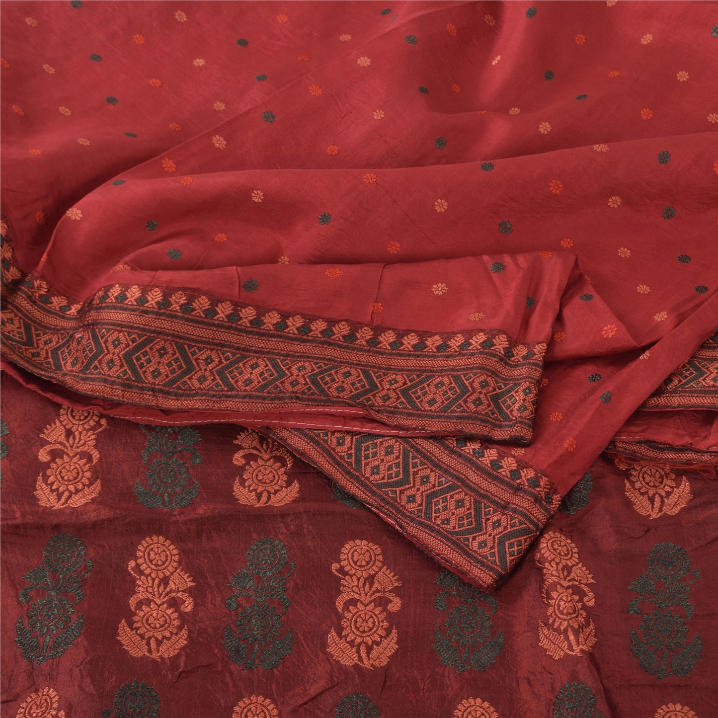 Sanskriti Vintage Dark Red Sarees Pure Silk Woven Premium Sari 5yd Craft Sustainable Fabric
