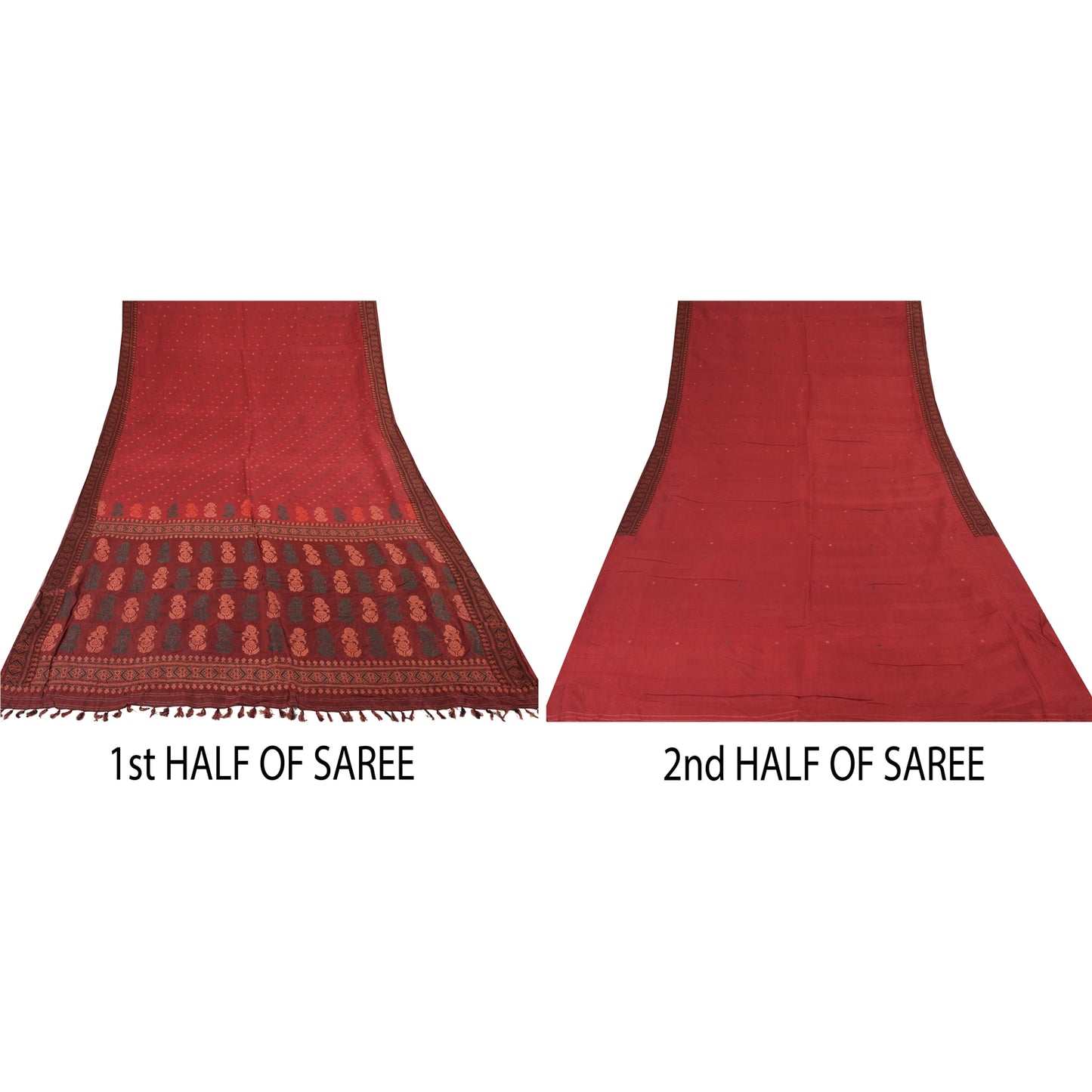 Sanskriti Vintage Dark Red Sarees Pure Silk Woven Premium Sari 5yd Craft Sustainable Fabric