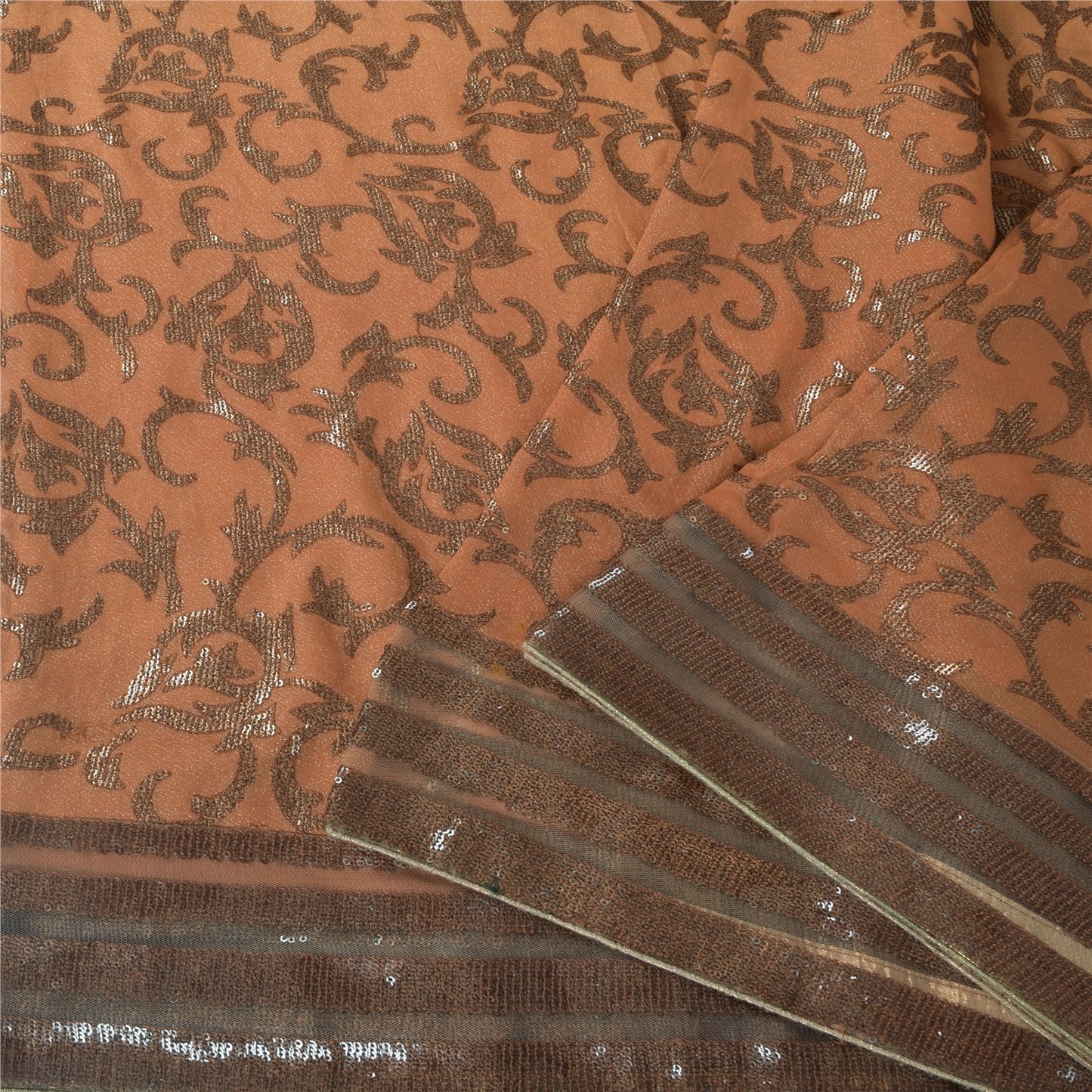 Sanskriti Vintage Brown Pure Georgette Saree Woven Sequin Sari 6 YD Craft Fabric