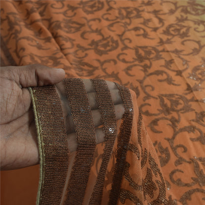Sanskriti Vintage Brown Pure Georgette Saree Woven Sequin Sari 6 YD Craft Fabric