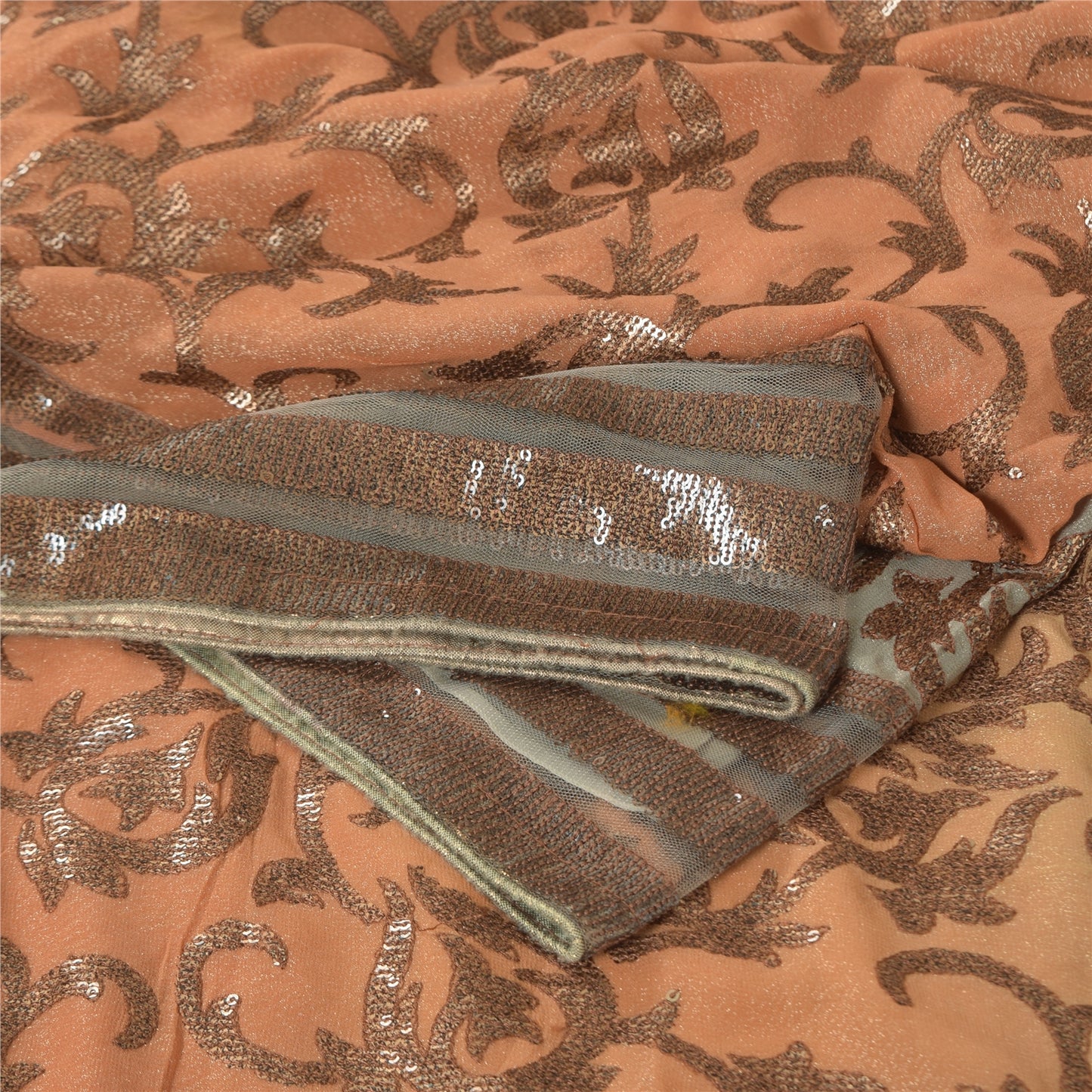 Sanskriti Vintage Brown Pure Georgette Saree Woven Sequin Sari 6 YD Craft Fabric