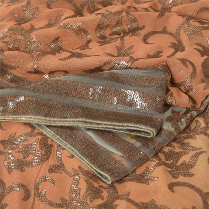 Sanskriti Vintage Brown Pure Georgette Saree Woven Sequin Sari 6 YD Craft Fabric