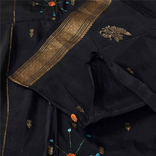 Sanskriti Vintage Black Sarees Pure Silk Hand Beaded Woven Sari 5yd Craft Sustainable Fabric