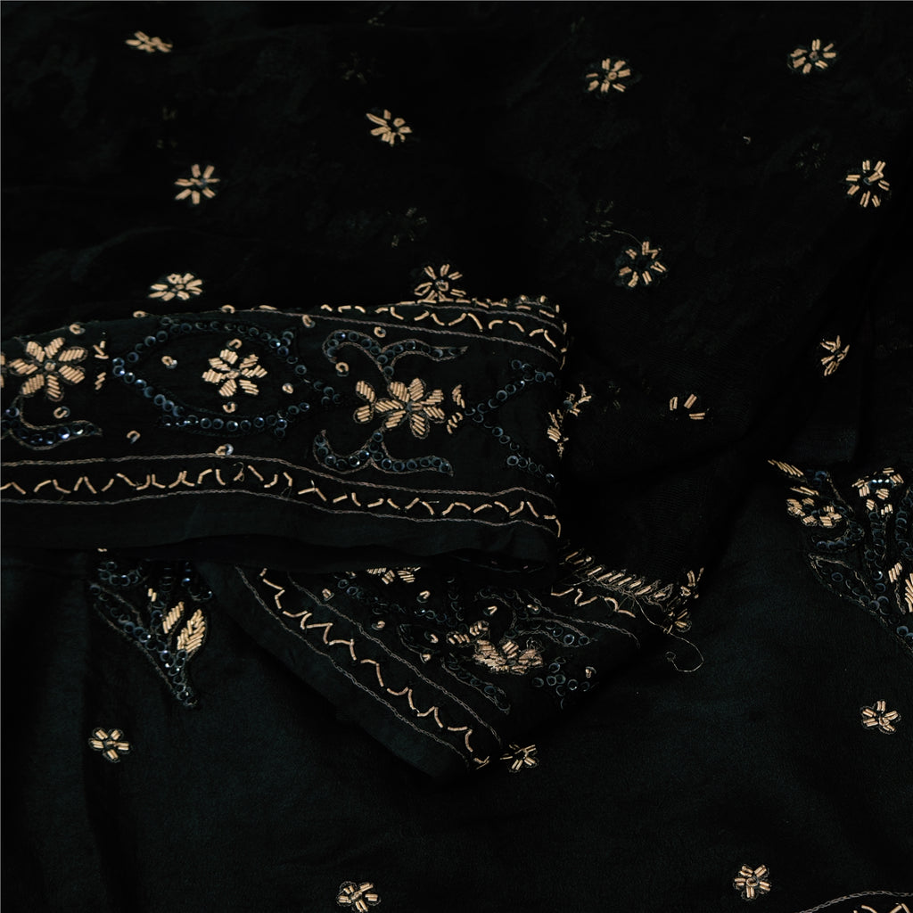 Sanskriti Vintage Black Sarees Pure Silk Hand Beaded Premium Sari Craft Fabric