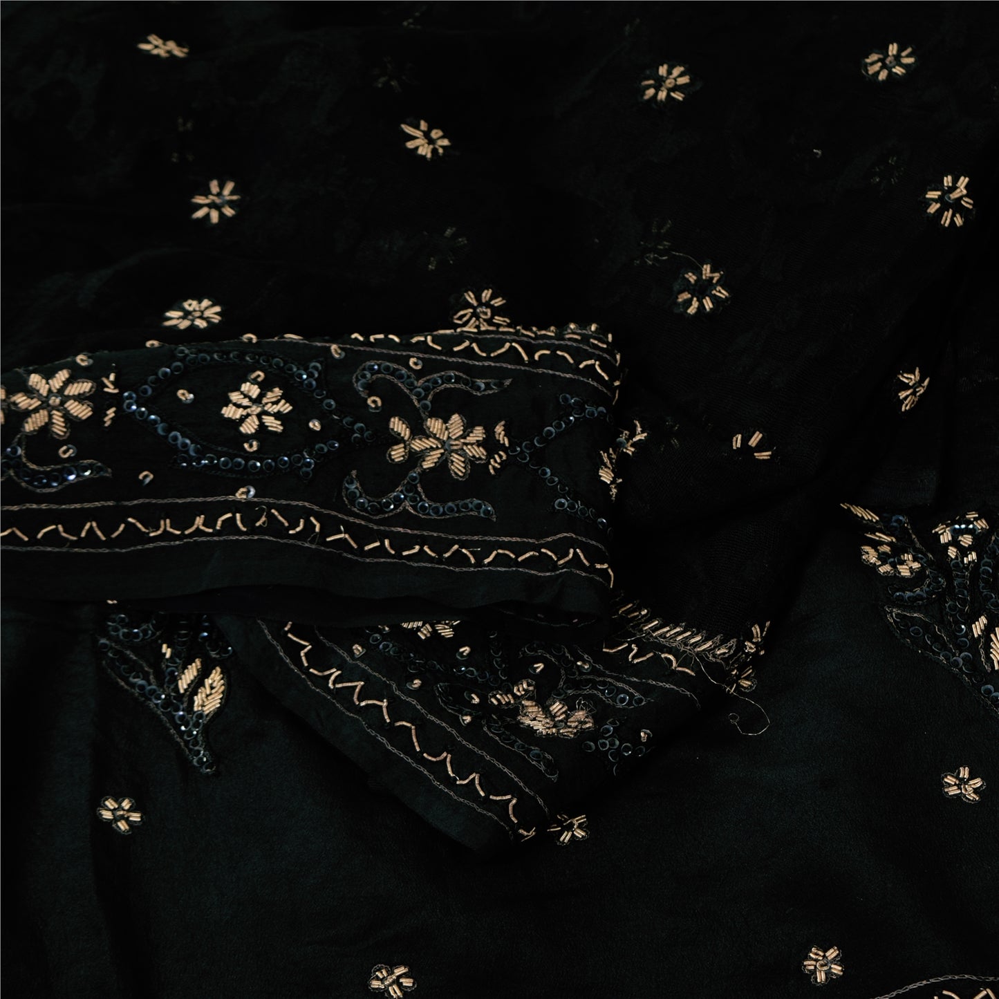 Sanskriti Vintage Black Sarees Pure Silk Hand Beaded Premium Sari Craft Fabric
