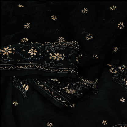 Sanskriti Vintage Black Sarees Pure Silk Hand Beaded Premium Sari Craft Fabric