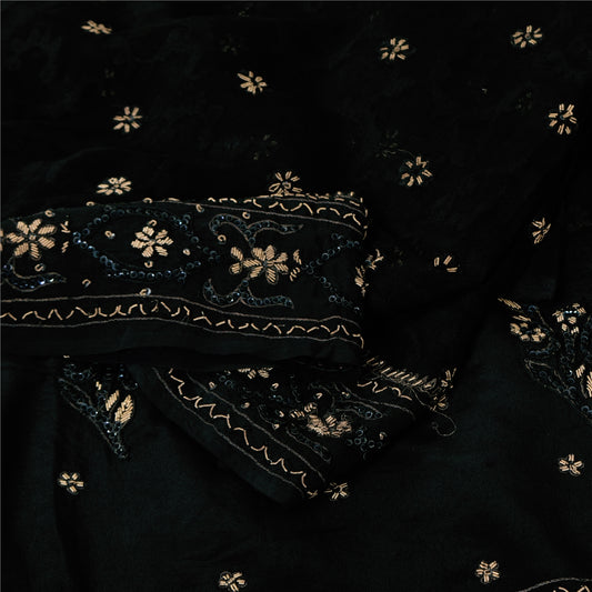 Sanskriti Vintage Black Sarees Pure Silk Hand Beaded Premium Sari Craft Fabric