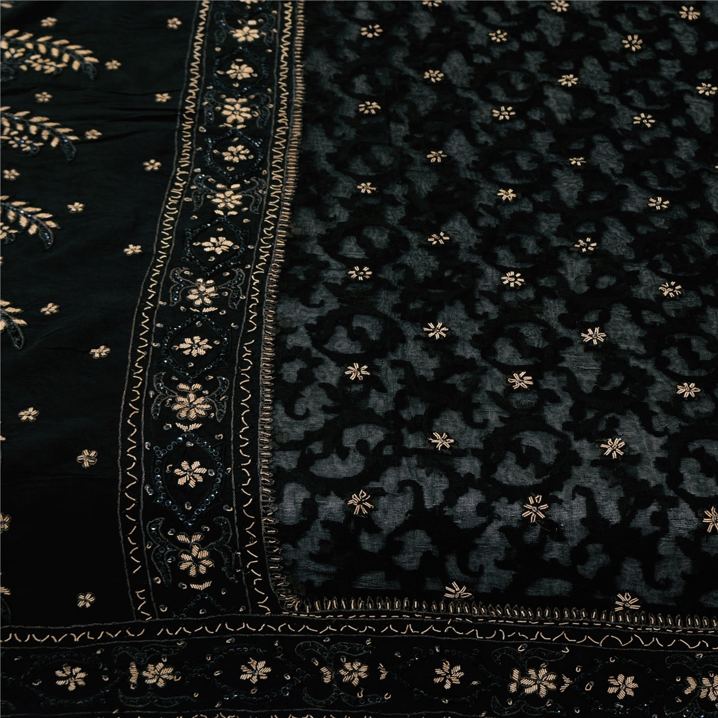 Sanskriti Vintage Black Sarees Pure Silk Hand Beaded Premium Sari Craft Fabric