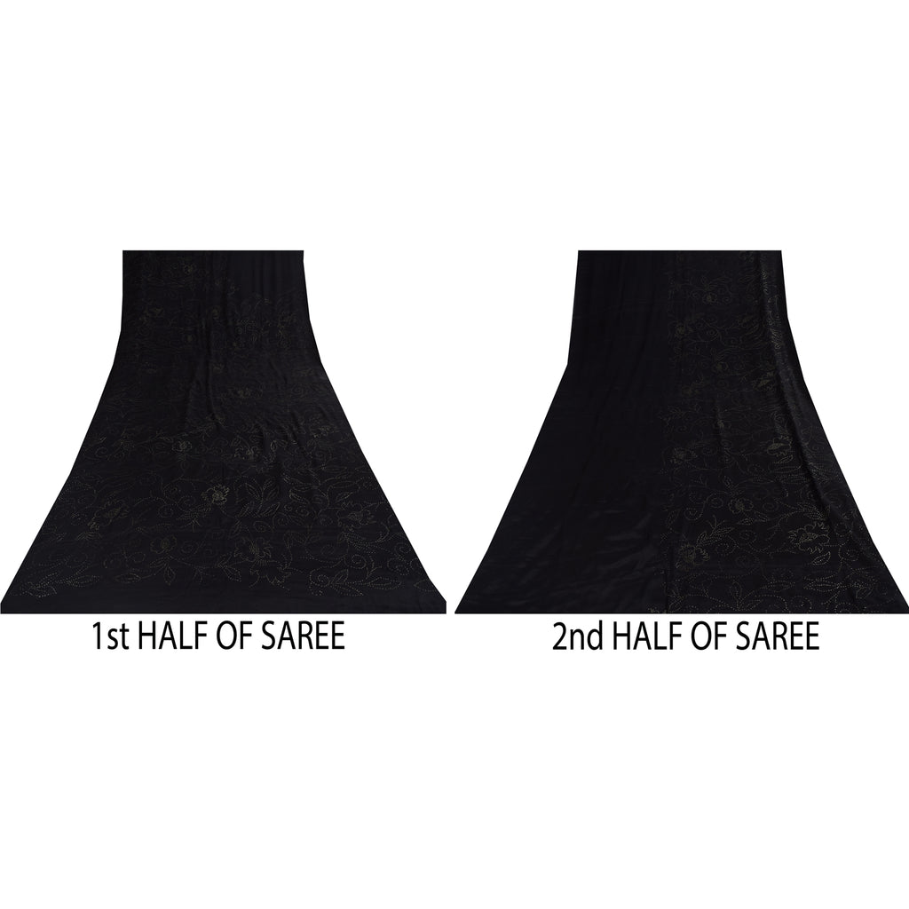 Sanskriti Vintage Black Sarees Pure Crepe Mukeish Premium Sari 5yd Craft Sustainable Fabric