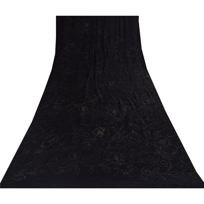 Sanskriti Vintage Black Sarees Pure Crepe Mukeish Premium Sari 5yd Craft Sustainable Fabric