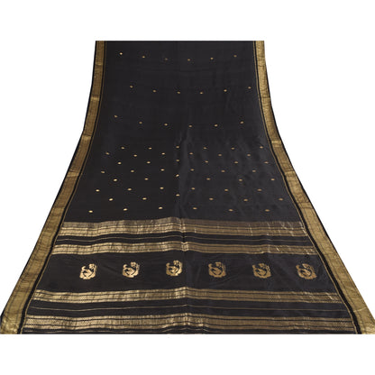 Sanskriti Vintage Indian Black Sarees Pure Silk Woven Ethnic Sari Craft Fabric