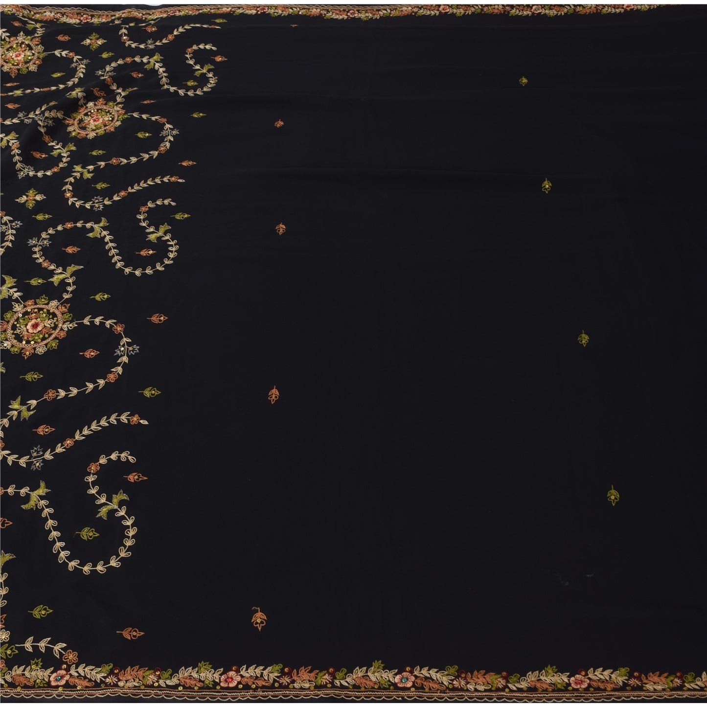 Sanskriti Vintage Black Sarees Georgette Hand Embroidered Sari 6yd Craft Sustainable Fabric