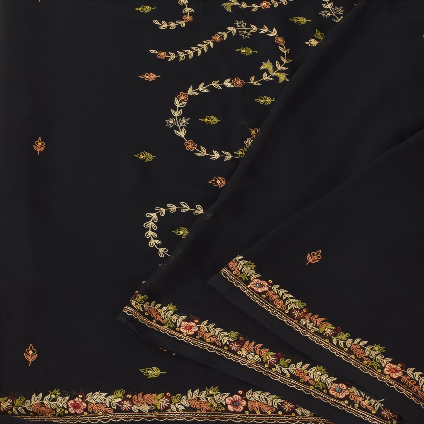 Sanskriti Vintage Black Sarees Georgette Hand Embroidered Sari 6yd Craft Sustainable Fabric