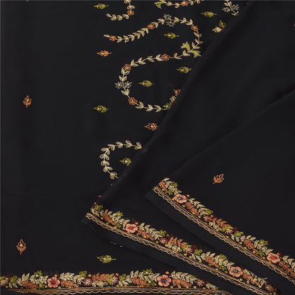 Sanskriti Vintage Black Sarees Georgette Hand Embroidered Sari 6yd Craft Sustainable Fabric