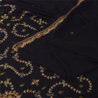 Sanskriti Vintage Black Sarees Georgette Hand Embroidered Sari 6yd Craft Sustainable Fabric