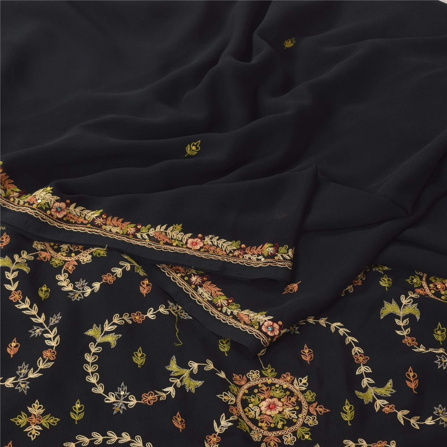Sanskriti Vintage Black Sarees Georgette Hand Embroidered Sari 6yd Craft Sustainable Fabric