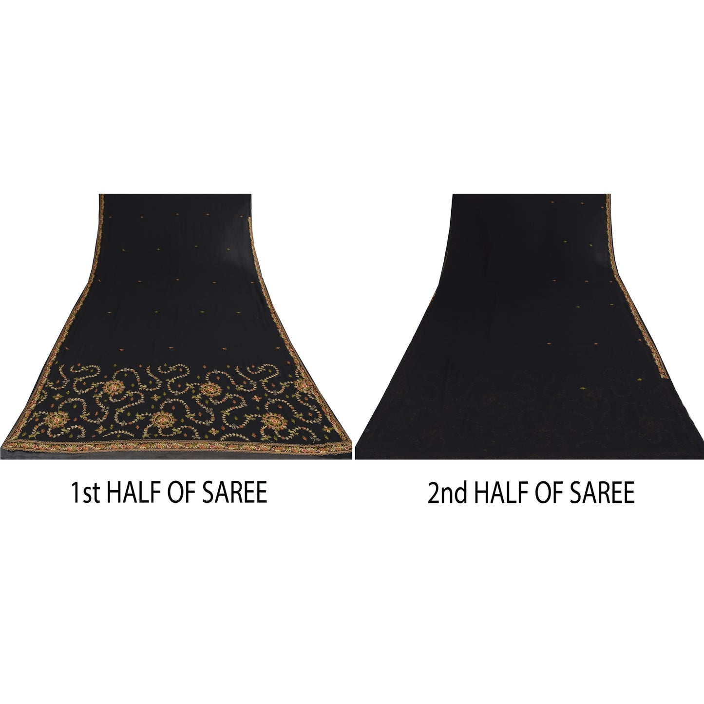 Sanskriti Vintage Black Sarees Georgette Hand Embroidered Sari 6yd Craft Sustainable Fabric