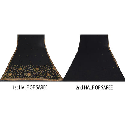 Sanskriti Vintage Black Sarees Georgette Hand Embroidered Sari 6yd Craft Sustainable Fabric
